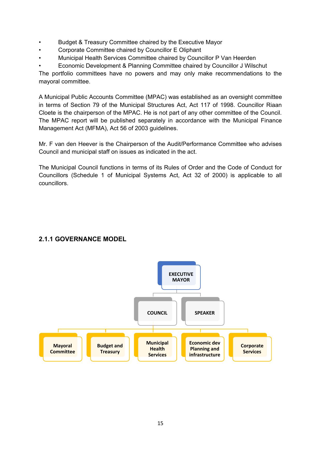 Governance model page showing an organisational chart of the Executive Mayor, Council, Speaker and portfolio committees.