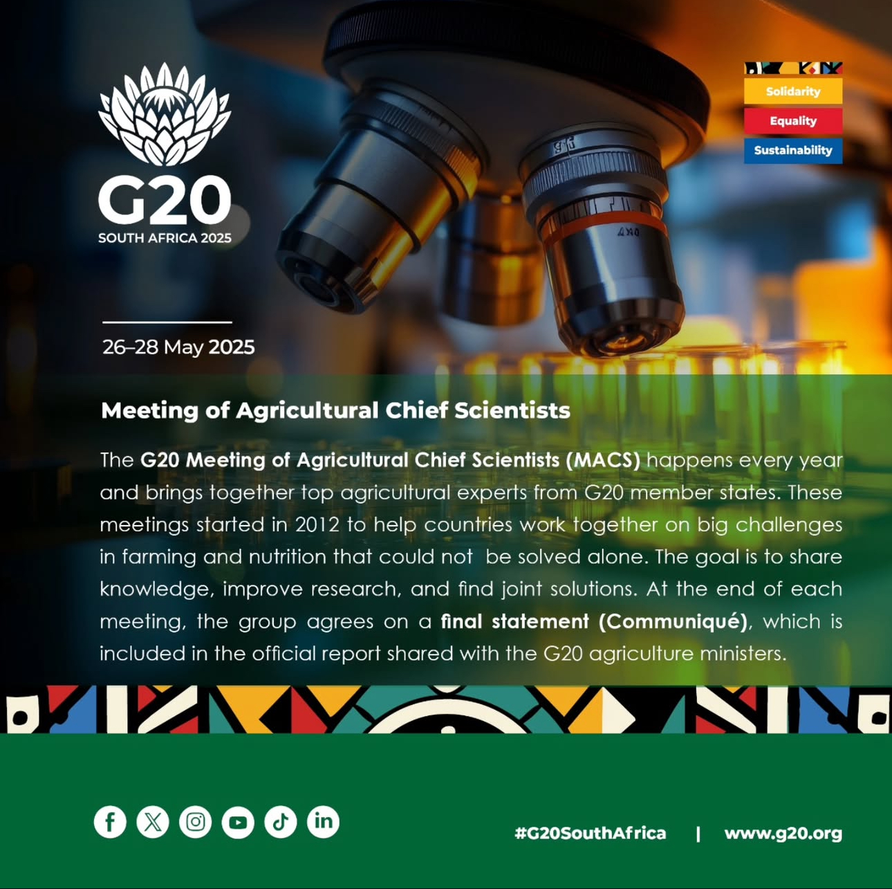 G20 MACS infographic introducing the Meeting of Agricultural Chief Scientists, with a microscope image and explanatory text.