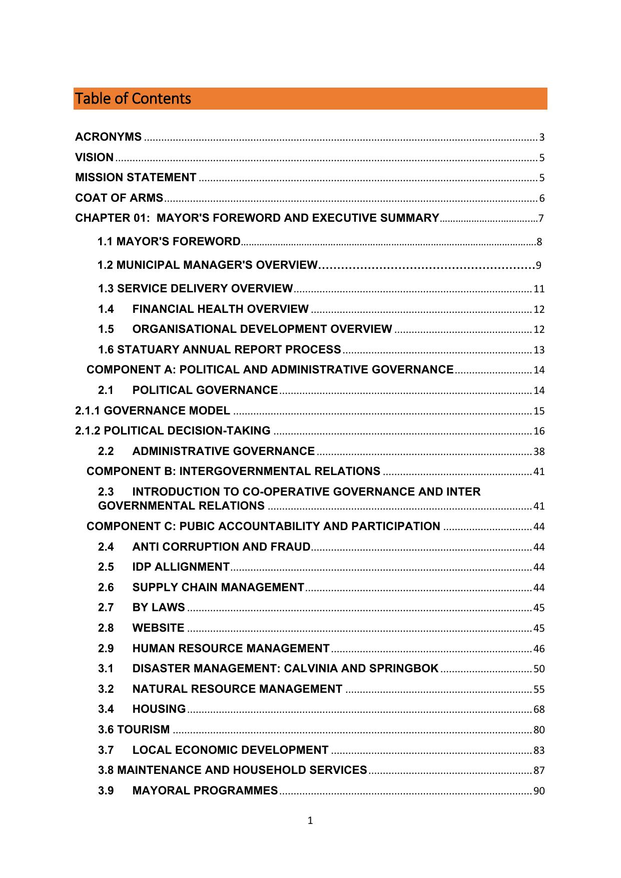 Table of contents page of the Annual Report listing chapters on governance, service delivery, organisational development and appendices.