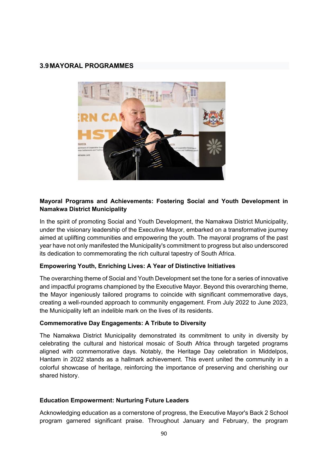 Mayoral Programmes page combining narrative reporting with a photograph of the Executive Mayor addressing an event.