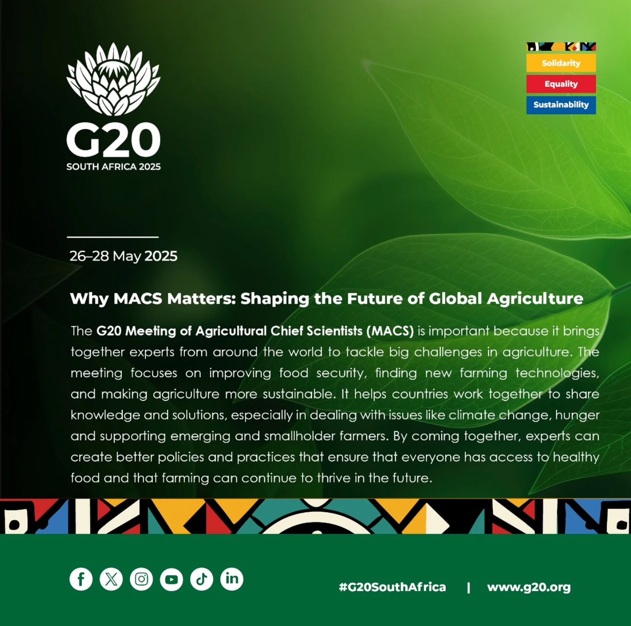 G20 MACS infographic titled Why MACS Matters: Shaping the Future of Global Agriculture, set on a green leaf background.