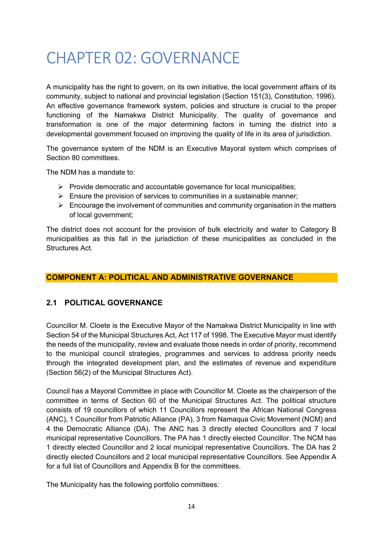 Opening page of Chapter 02: Governance, setting out the Municipality's governance framework and mandate.